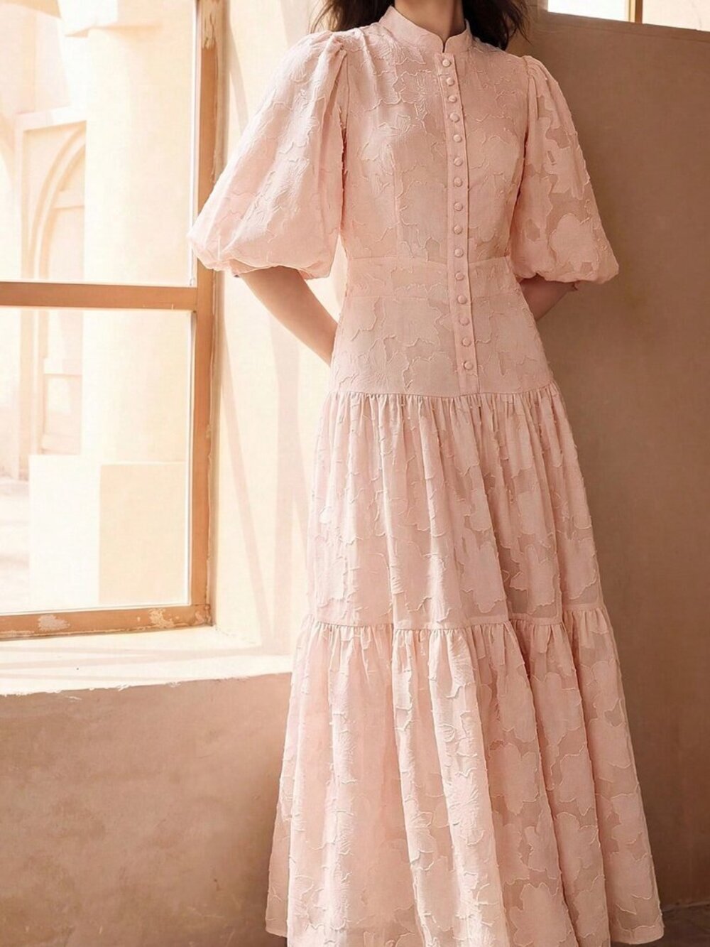 Pink Elegant Women's V-Neck Lantern Sleeve Textured Ditsy Floral Dress